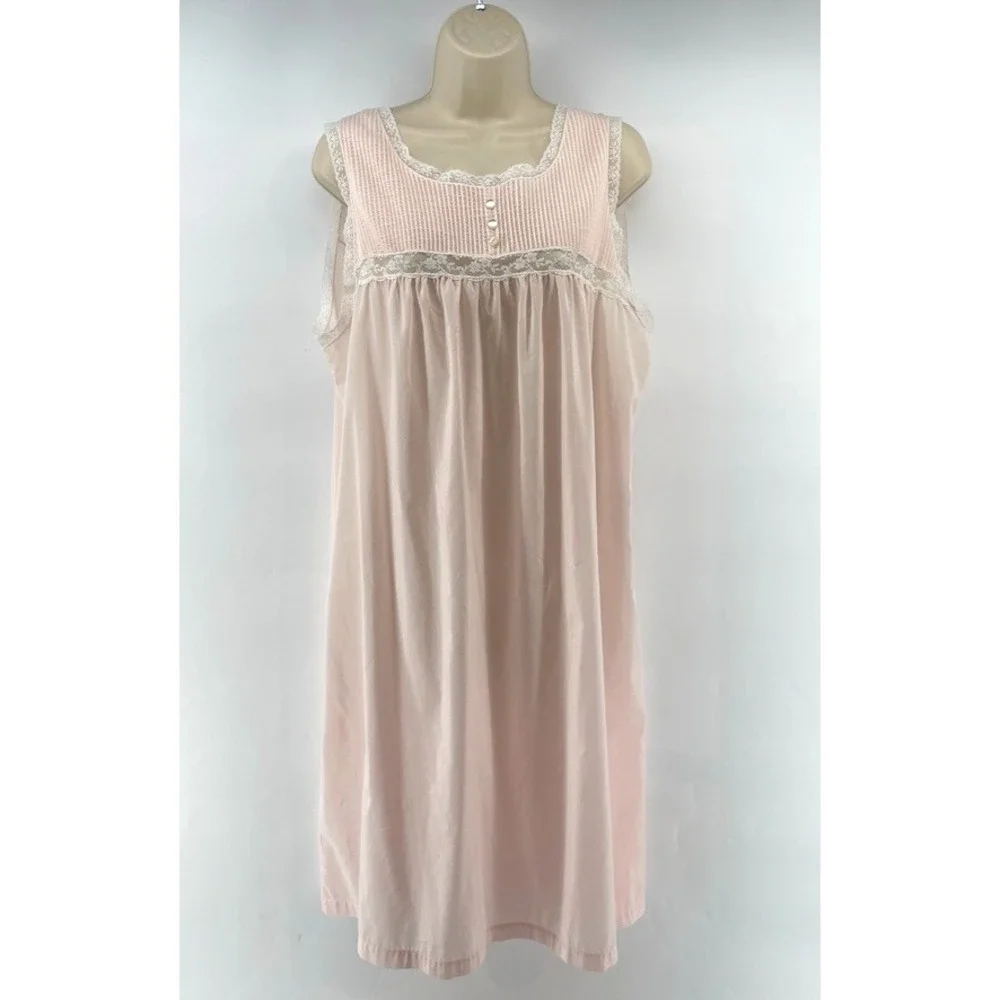 Vintage BARBIZON Nightgown L Pink Babydoll Sleeveless Lace Trim Pintucks Cottage